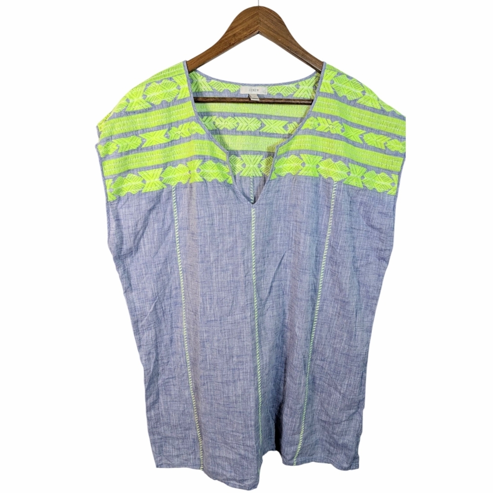 J.Crew Embroidery Neon Green Blue Chambray Linen Mini Cover Up Dress - Picture 2 of 10
